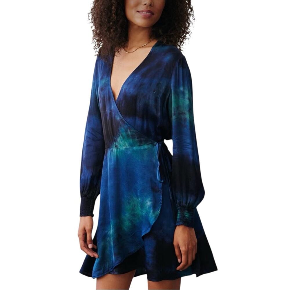 Bella Dahl Blue and Black Satin Long Sleeve Tie Dye Wrap Mini Dress XS